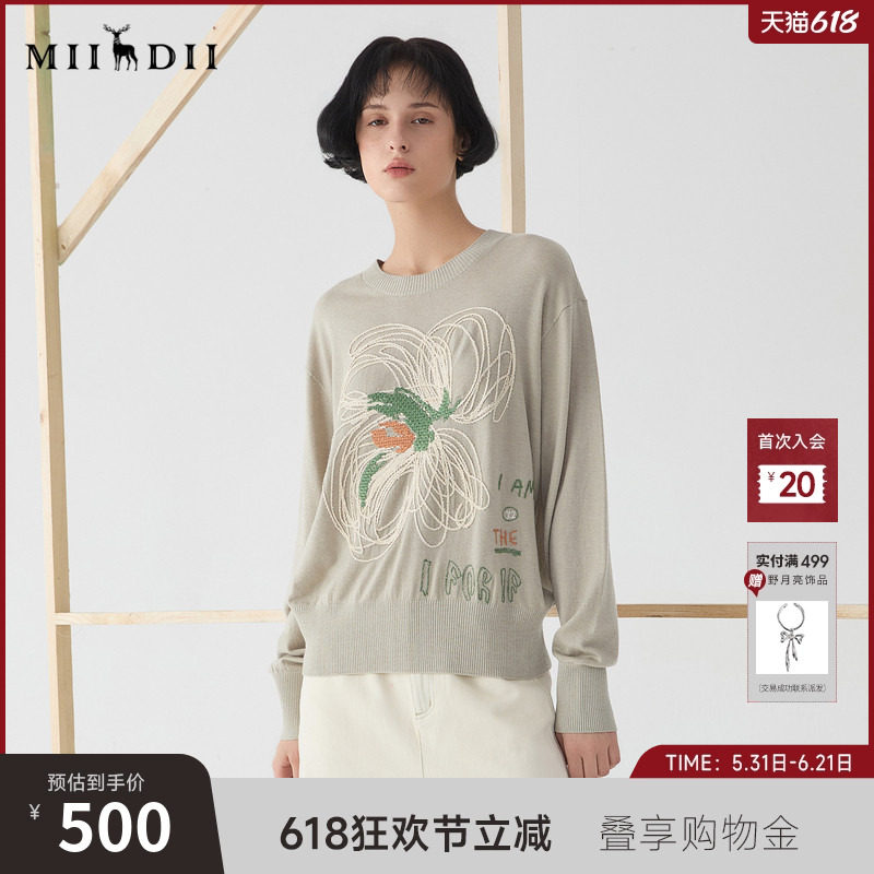 谜底圆领毛衫2025春新品随性慵懒羊毛混纺套头针织衫女251MZ0318