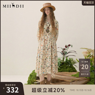 谜底花色连衣裙长袖2025秋季新款复古风抽象印花中长裙257ML7755