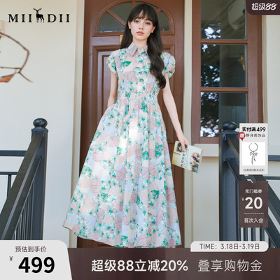 谜底花色连衣裙短袖2025秋季新款复古文艺花苞袖长裙子257ML7860