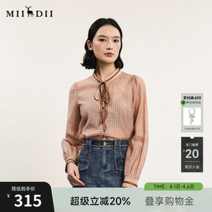 女春新款 复古风圆领宽松格纹衬衣241MC0161 长袖 谜底格子衬衫