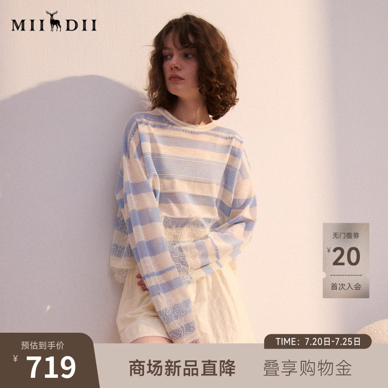 谜底短款套头针织衫长袖2026年春季新品条纹拼接蕾丝女261MZ0313