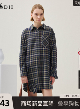 谜底格子连衣裙长袖2025年冬季新品复古立体花卉宽松女254ML1696