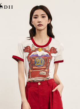 谜底圆领印花T恤女年夏季新品复古特色撞色修身上衣242MT0585