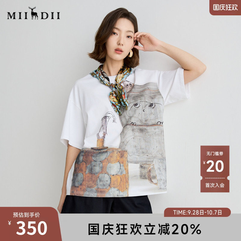 谜底T恤短袖女2025夏新品休闲日常印花宽松H型中长上衣252MT0556图片