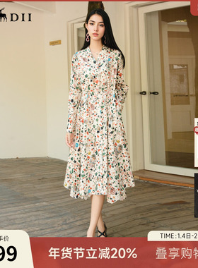 谜底花色连衣裙长袖25秋回归乡野复古风抽象印花中长裙257ML7755