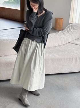 江江好韩代MOHHE正版秋装新款卡其色半裙进口面料松紧腰