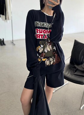 江江好韩国东大门25秋冬新款卡通字母图案宽松休闲毛衣