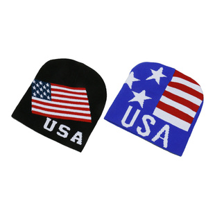2025秋冬新款毛线帽子USA美国国旗提花无檐便帽保暖针织帽冷帽男