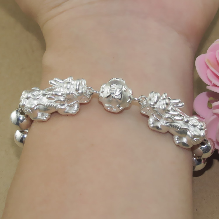 S999纯银3D硬银招财进宝福禄财禧双貔貅男女士金钱光面银珠款手链
