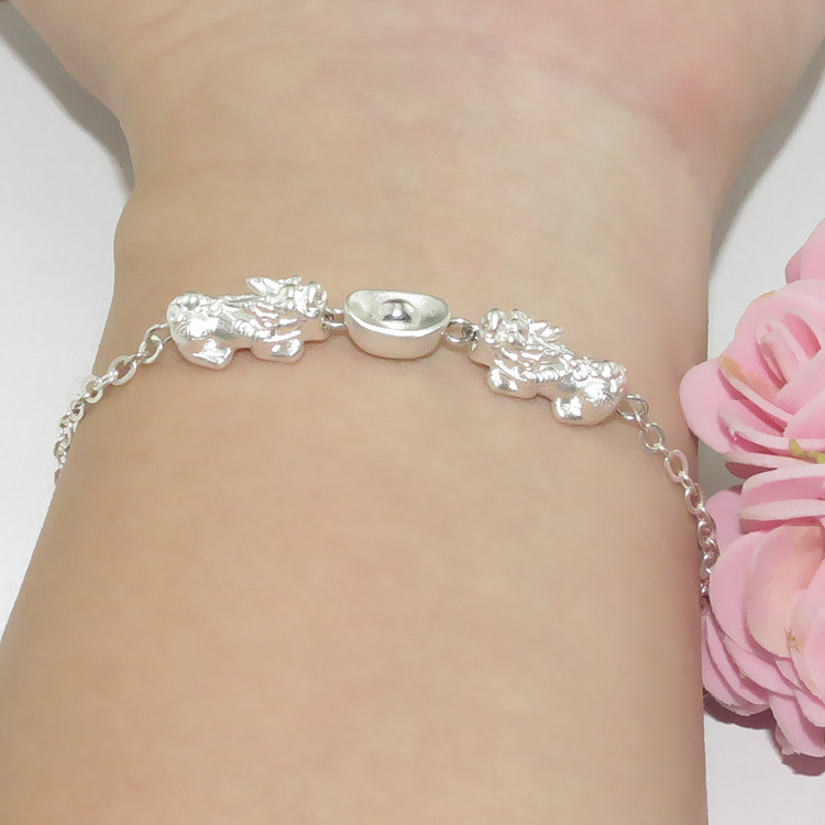 s999纯银3d硬银招财进宝女士款双貔貅款大款元宝情侣手工十字手链