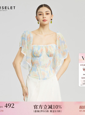 CORSELET 小苍兰印花蕾丝花边薄纱飞袖鱼骨胸衣褶皱修身抹胸上衣