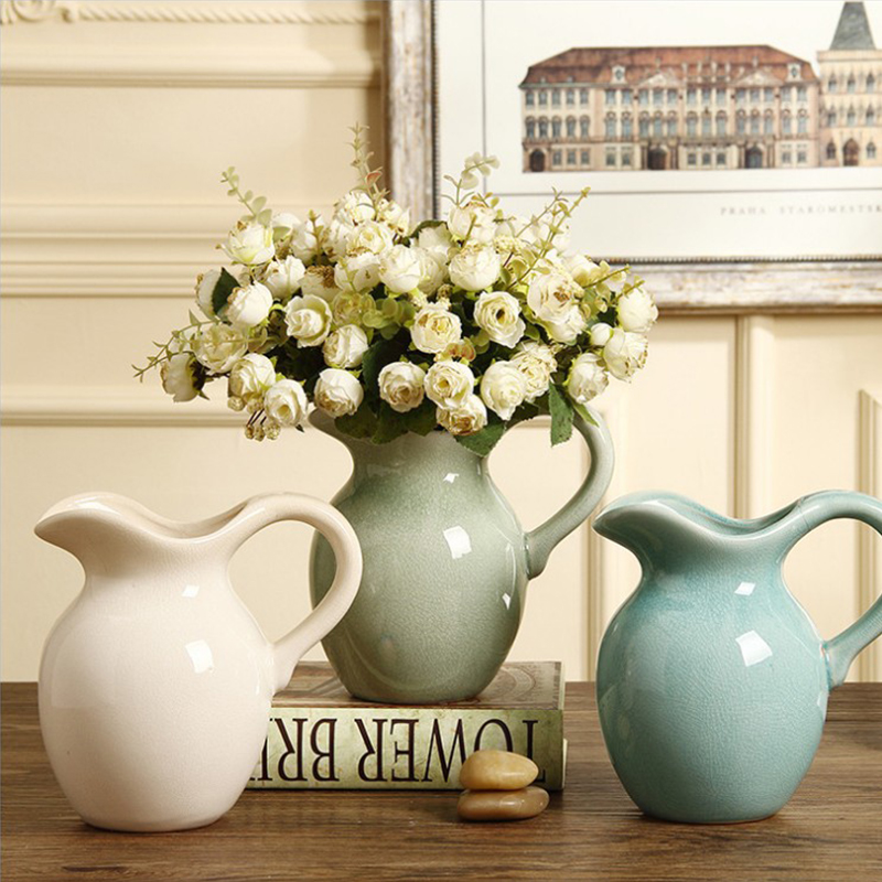美式乡村奶壶陶瓷花瓶摆件创意轻奢北欧插花水培花器客厅家居装饰