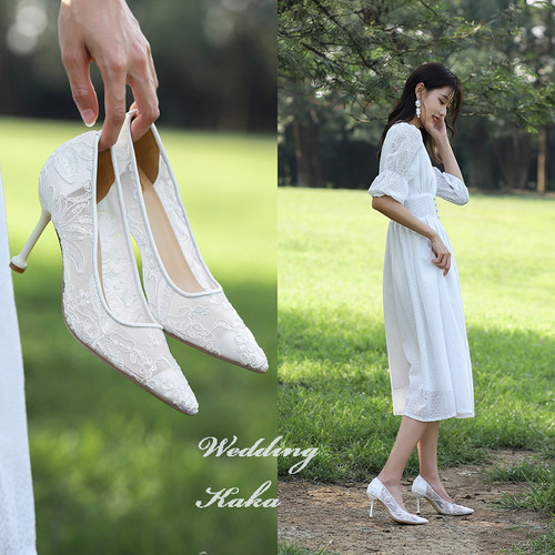 KAKA原创白色婚鞋镂空网纱单鞋