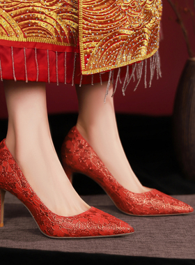 《清仓折扣》正红色秀禾服婚鞋红色新娘鞋中式高跟鞋结婚女不累脚