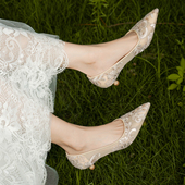 旗袍秀禾服平底婚鞋 法式 绝美小高跟鞋 不累脚新娘低跟伴娘孕妇香槟