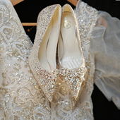 2025新款 香槟宴会水钻 高跟鞋 金色婚鞋 女主婚纱秀禾两穿新娘水晶鞋