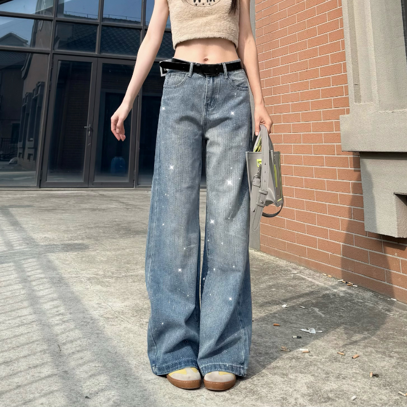 烫钻高腰显瘦阔腿牛仔裤女新款宽松直筒休闲长裤拖地裤加长高个子