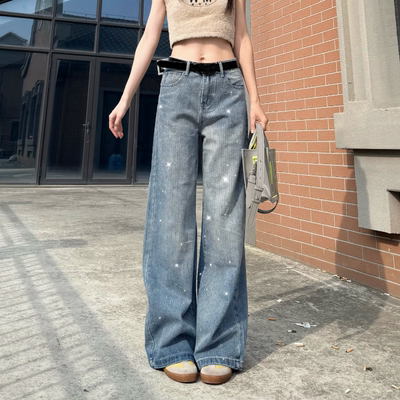 烫钻高腰显瘦阔腿拖地牛仔裤女