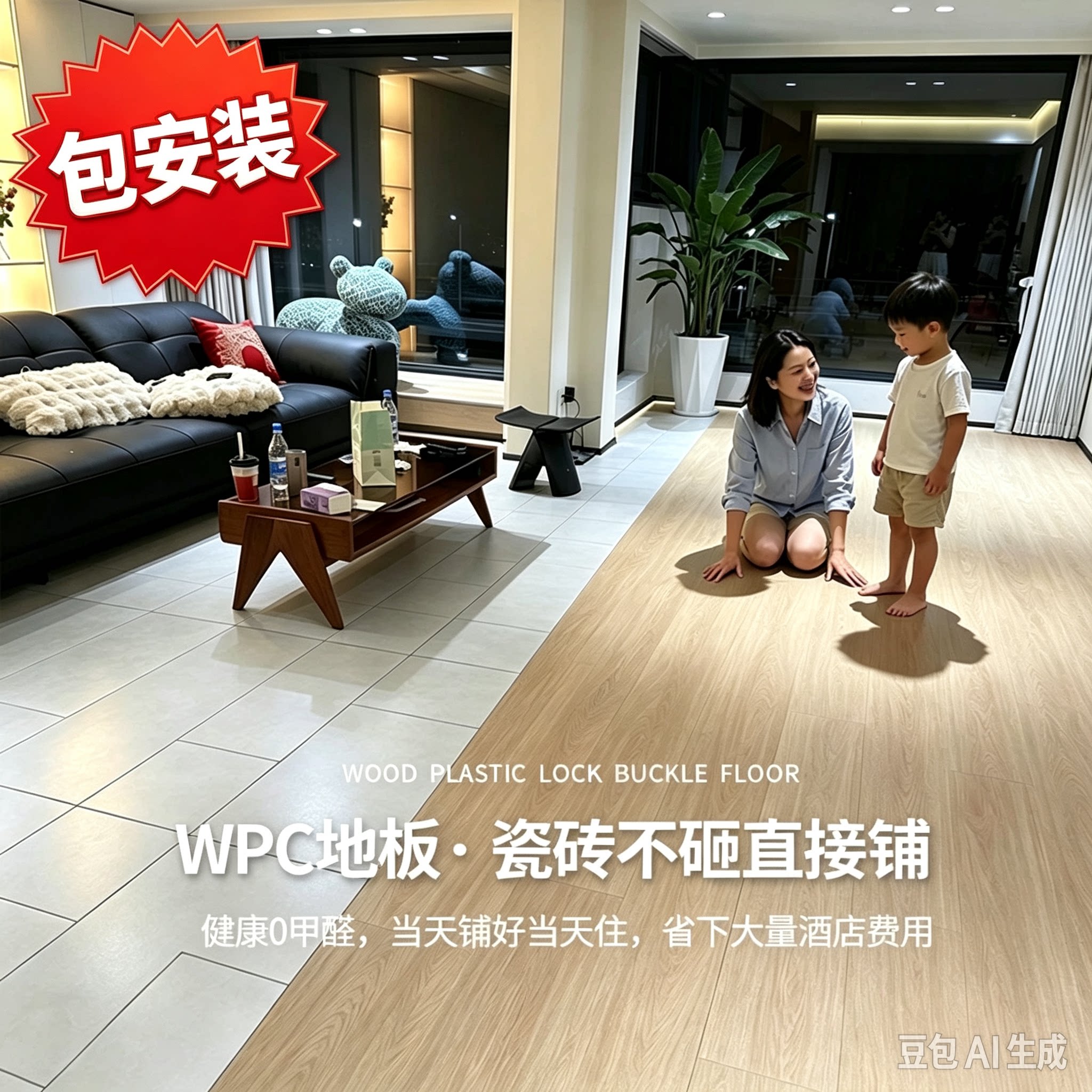 龙叶原木风格 旧房翻新 安装不砸瓷砖直接铺SPC石晶WPC石塑木地板
