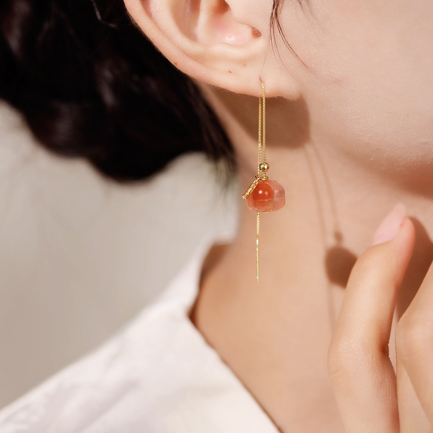 原创设计 柿叶流苏925银镀金天然冰飘南红柿子长流苏树叶耳环国风