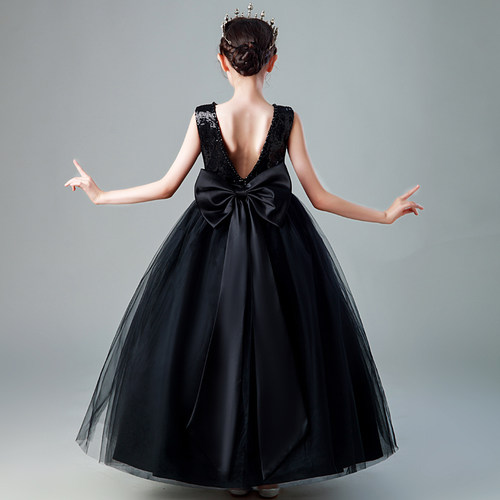 小女孩钢琴比赛考级黑色亮片礼服