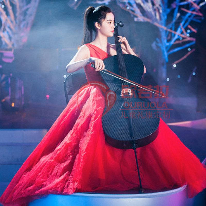 欧阳娜娜同款大提琴钢琴小提琴演出晚礼服儿童红色单肩长款公主裙