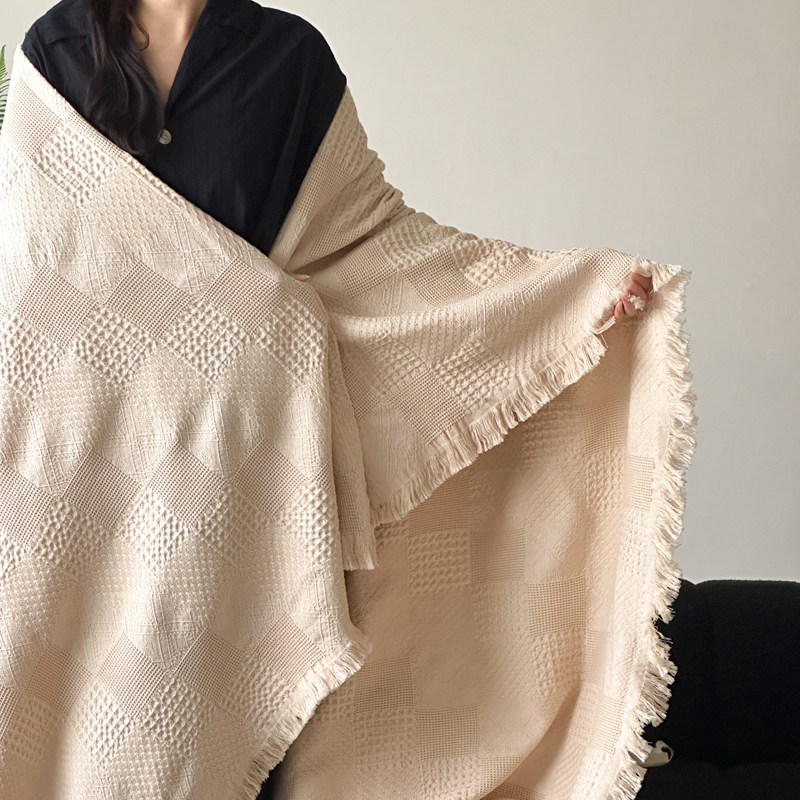 夏季凉感毯子天丝棉华夫格流苏毯超柔软盖毯夏天休闲毯简约沙发毯