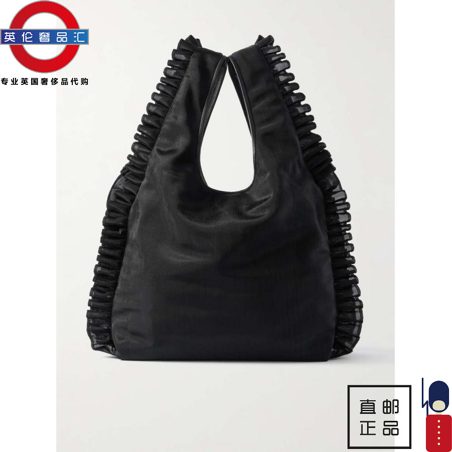 英伦代购 2女新款DRIES VAN NOTEN 皮革边饰荷叶边网布手提包