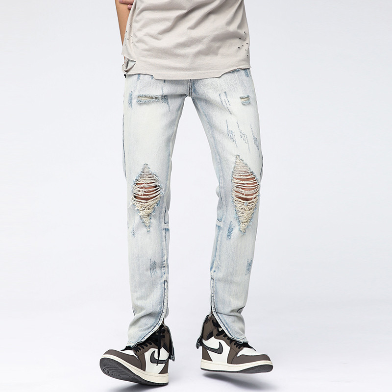 2024 신일본식 다용도 라이트 블루 찢어진 데님 바지 스트레이트 루즈한 얇은 사이드 지퍼 청바지