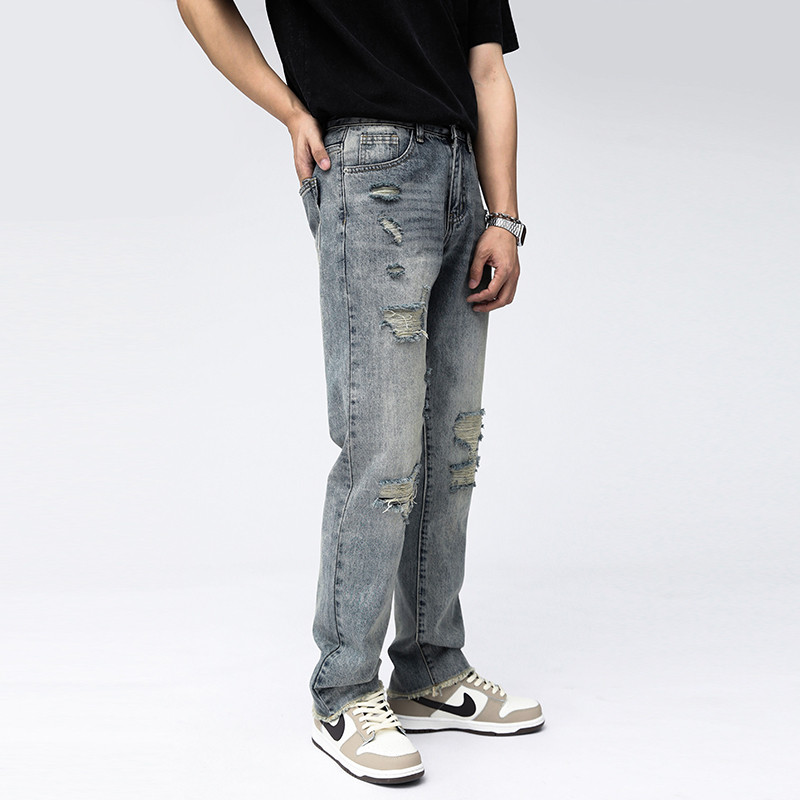WUYAN ZUS BROKEN SHOP 2024 일본 봄 여름 찢어진 청바지 레트로 블루 캐주얼 바지 루즈 스트레이트 레그 와이드 레그 팬츠