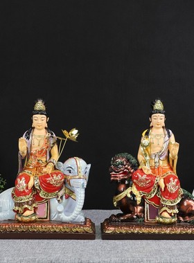 中式极彩带骑文殊普贤座骑文殊师利菩萨12/16寸树脂桌面佛像摆件
