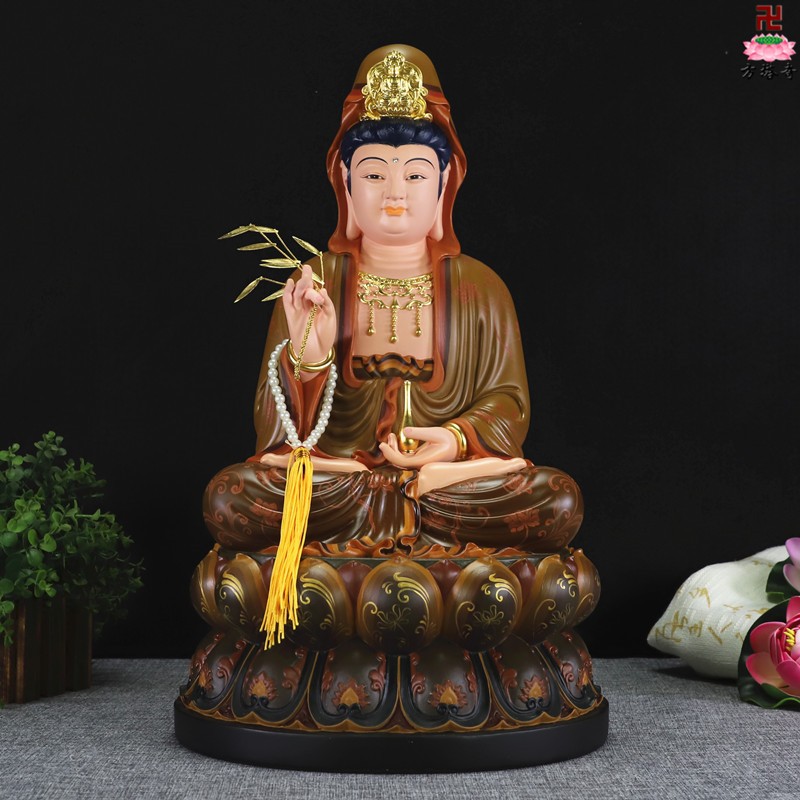 16寸佛堂树脂重彩观世音菩萨坐全莲花滴水宝瓶自在观音佛像摆件