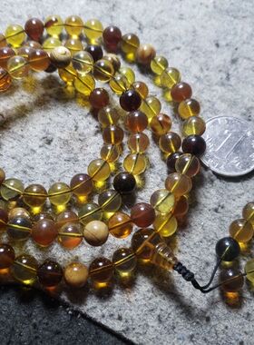 缅甸琥珀 多宝串 圆珠 108 高配 蜜蜡茶珀金兰溶洞 35.47克 8MM 3