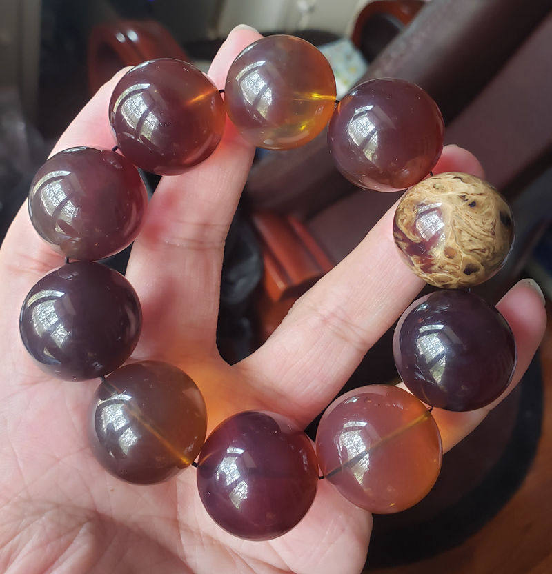 高配缅甸琥珀手串 多宝串圆珠蜜蜡根珀溶洞蜜 74.9克 23.5-24MM
