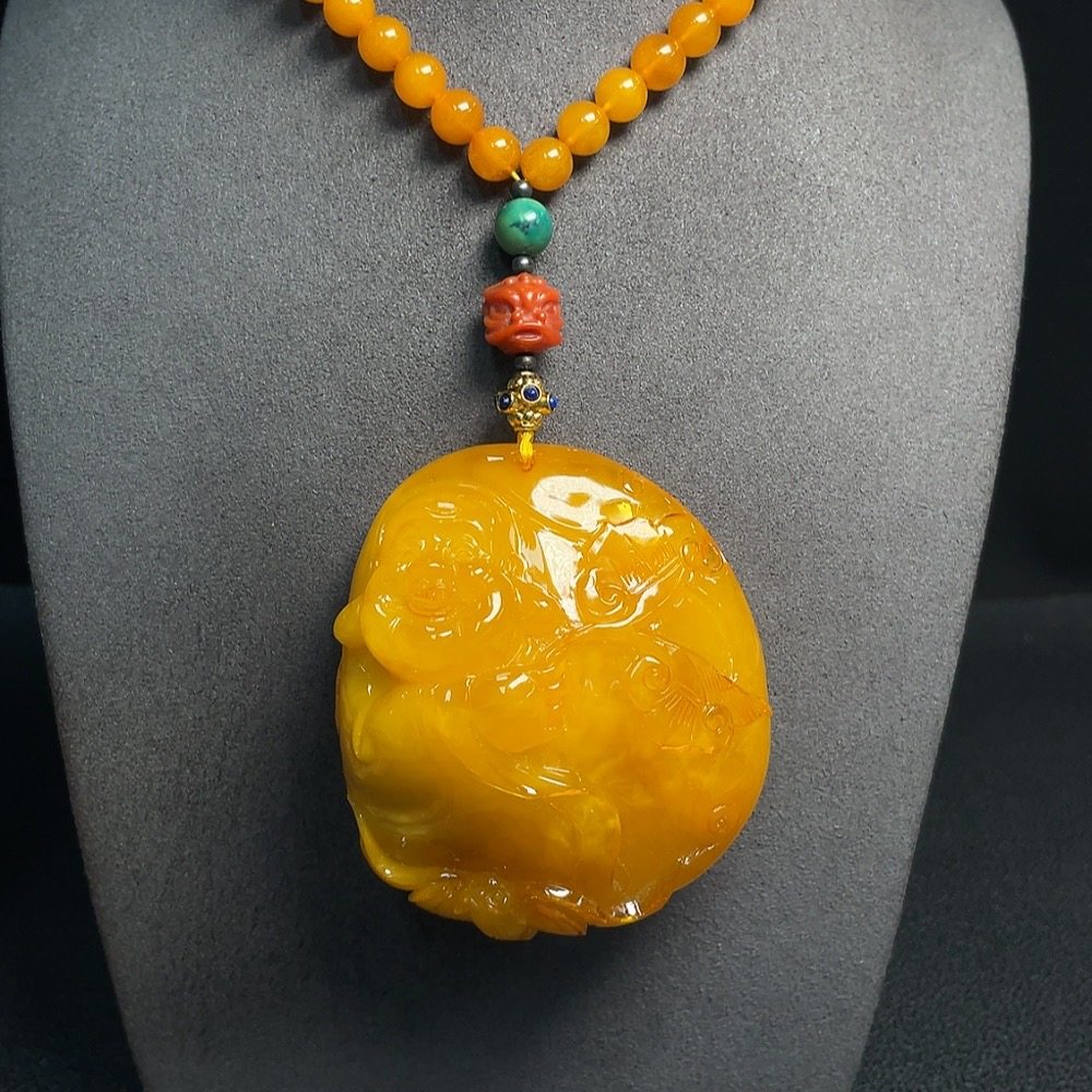 蜜蜡老氧化手把件吊坠弥勒佛公96.9克68MM