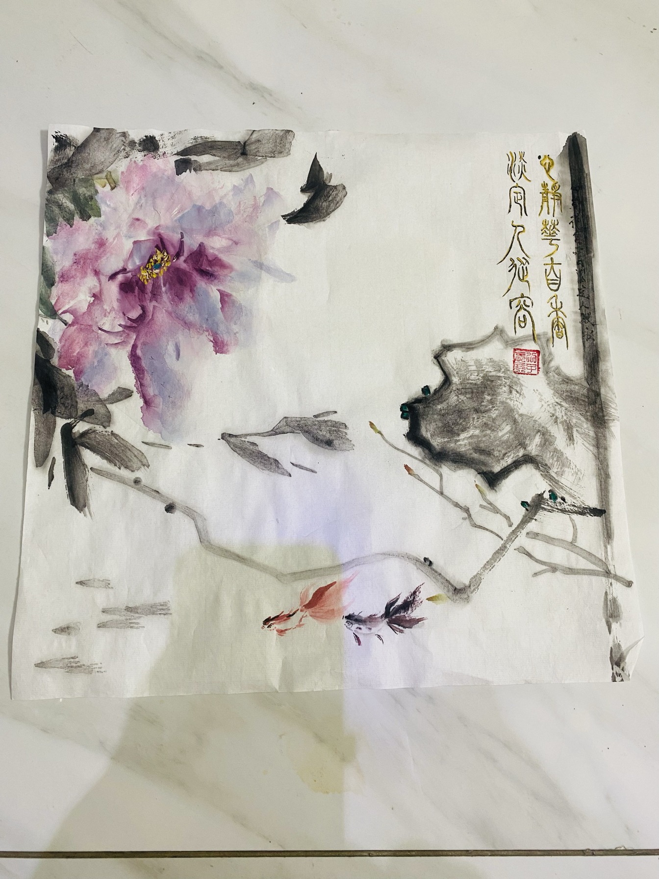 纯手绘国画国画牡丹花鸟鱼水墨画装饰挂画客厅书房卧室玄关壁画图片