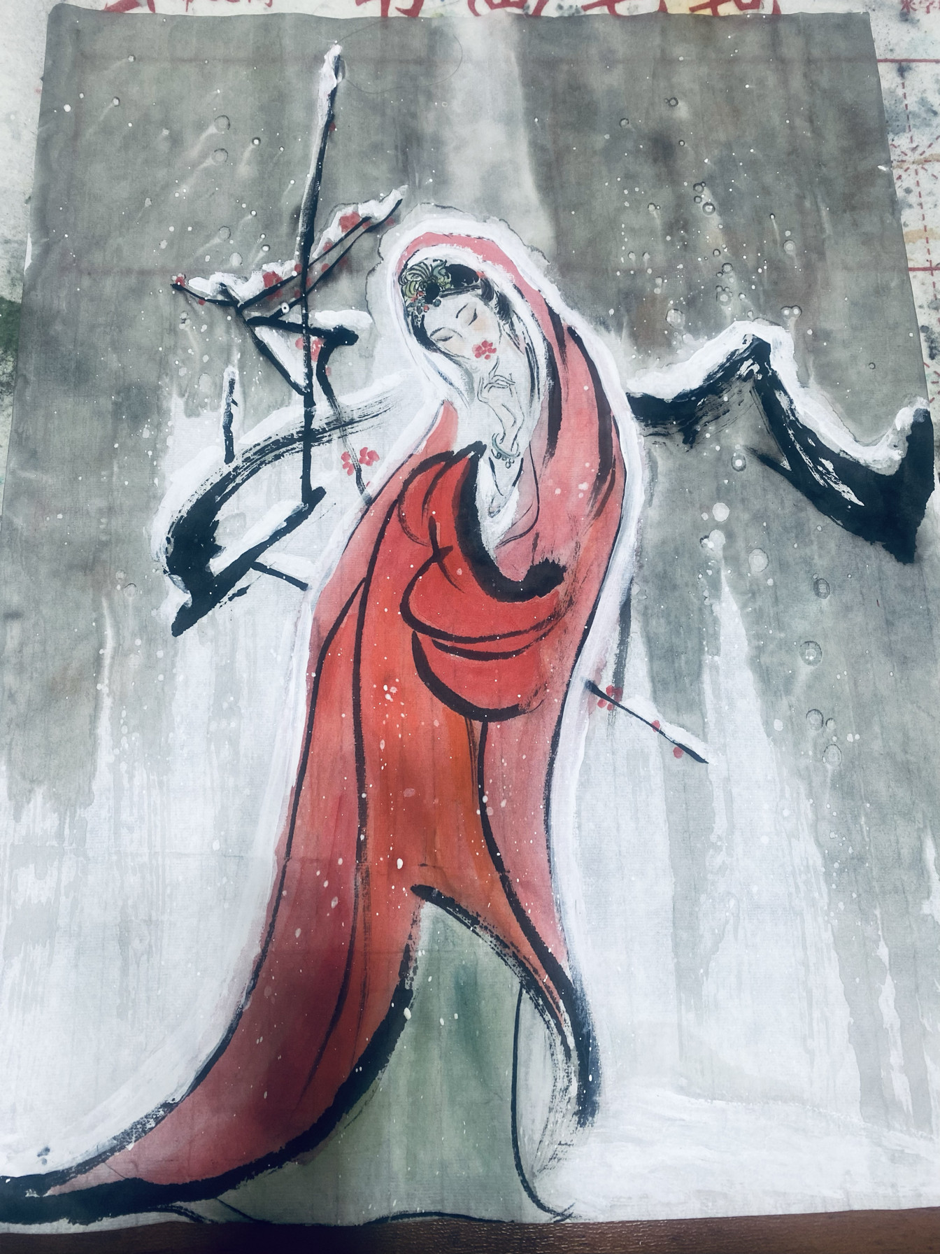 纯手绘水墨画人物仕女图装饰画踏雪闻香玄幻书房挂画可定制