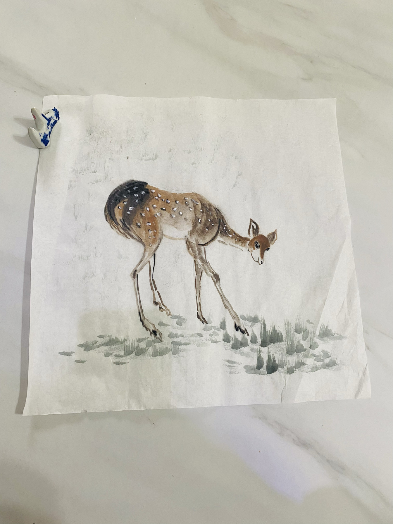 水墨画纯手工绘制 一只可爱的梅花鹿国画方斗毛笔画