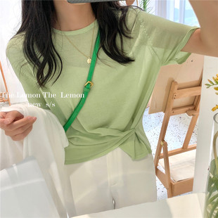 姜黄果绿粉蓝色短袖钮扣两穿冰丝微透T恤针织女打底衫防晒上衣夏