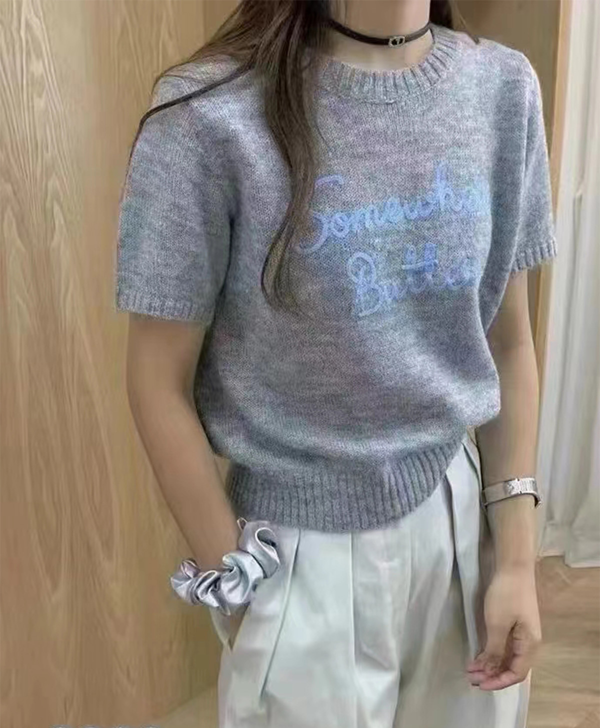 复古黑白撞色提花字母圆领短袖针织毛衫淑女宽松甜美百搭气质上衣