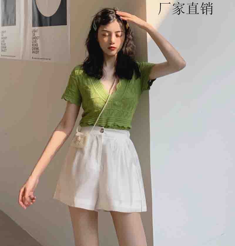 简约ins超火cec短袖深V领波浪边镂空针织衫牛油果绿T恤女显瘦上衣