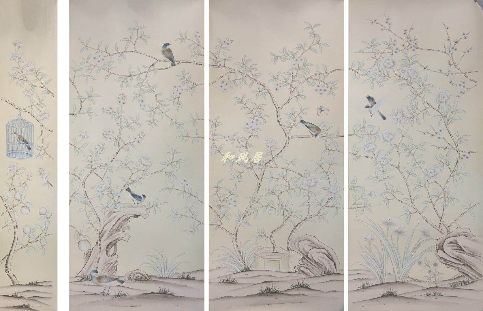 真丝手绘丝绸墙布法式米色工笔花鸟背景墙墙纸壁画定制包邮
