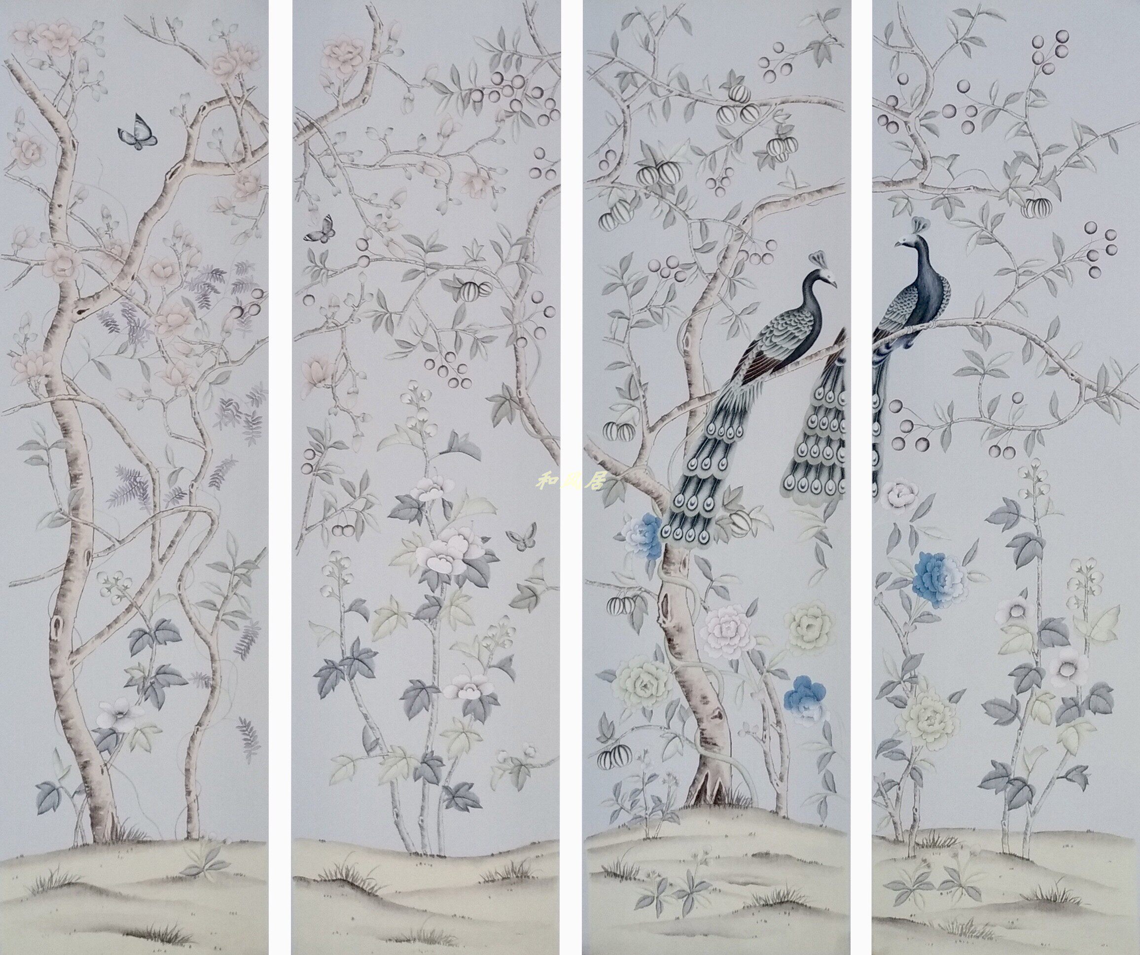 冰蓝色真丝手绘美式花鸟孔雀屏风画芯墙布硬包法式轻奢客厅卧室