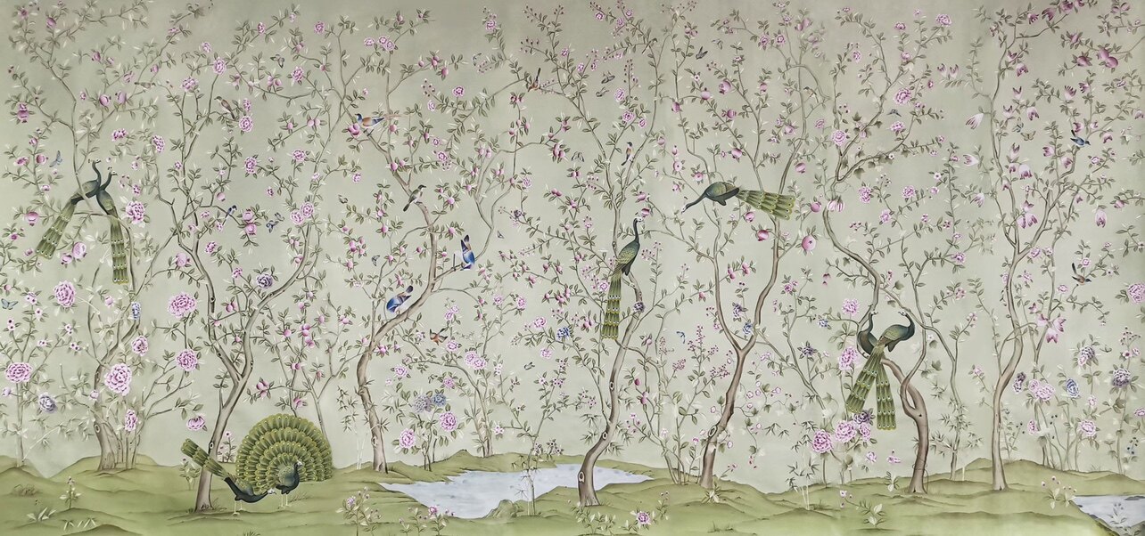真丝手绘丝绸墙纸壁画公主粉热带雨林工笔画美式欧式法式背景墙