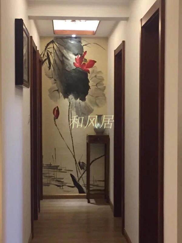 水墨写意红荷图仿名家真丝双宫手绘丝绸墙布