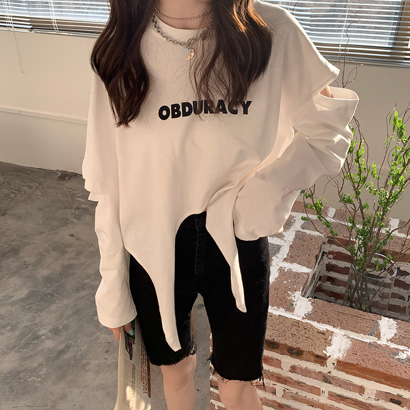 Real shot real price design sense small open sleeve T-shirt women's irregular letter printed crew neck top