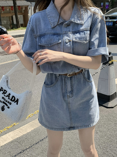 Real price short sleeved denim dress women's summer new style small man with thin waist shirt skirt