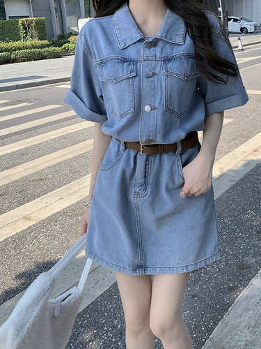 Real price short sleeved denim dress women's summer new style small man with thin waist shirt skirt