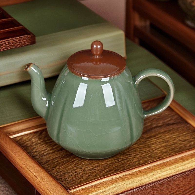 精品青瓷功夫茶具茶壶冰裂单壶创意陶瓷家用中式复古带过滤泡茶壶