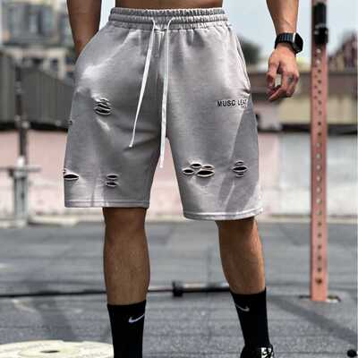夏季潮牌薄款破洞透气运动短裤男时尚纯色简约宽松百搭阔腿五分裤